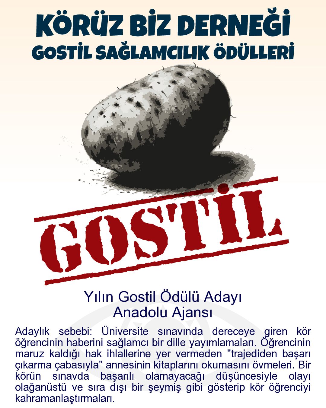 Gostil Kart: Yılın Gostil Ödülü Adayı: Anadolu Ajansı - Adaylık sebebi: Üniversite sınavında dereceye giren kör öğrencinin haberini sağlamcı bir dille yayımlamaları. Öğrencinin maruz kaldığı hak ihlallerine yer vermeden "trajediden başarı çıkarma çabasıyla" annesinin kitaplarını okumasını övmeleri. Bir körün sınavda başarılı olamayacağı düşüncesiyle olayı olağanüstü ve sıra dışı bir şeymiş gibi gösterip kör öğrenciyi kahramanlaştırmaları.